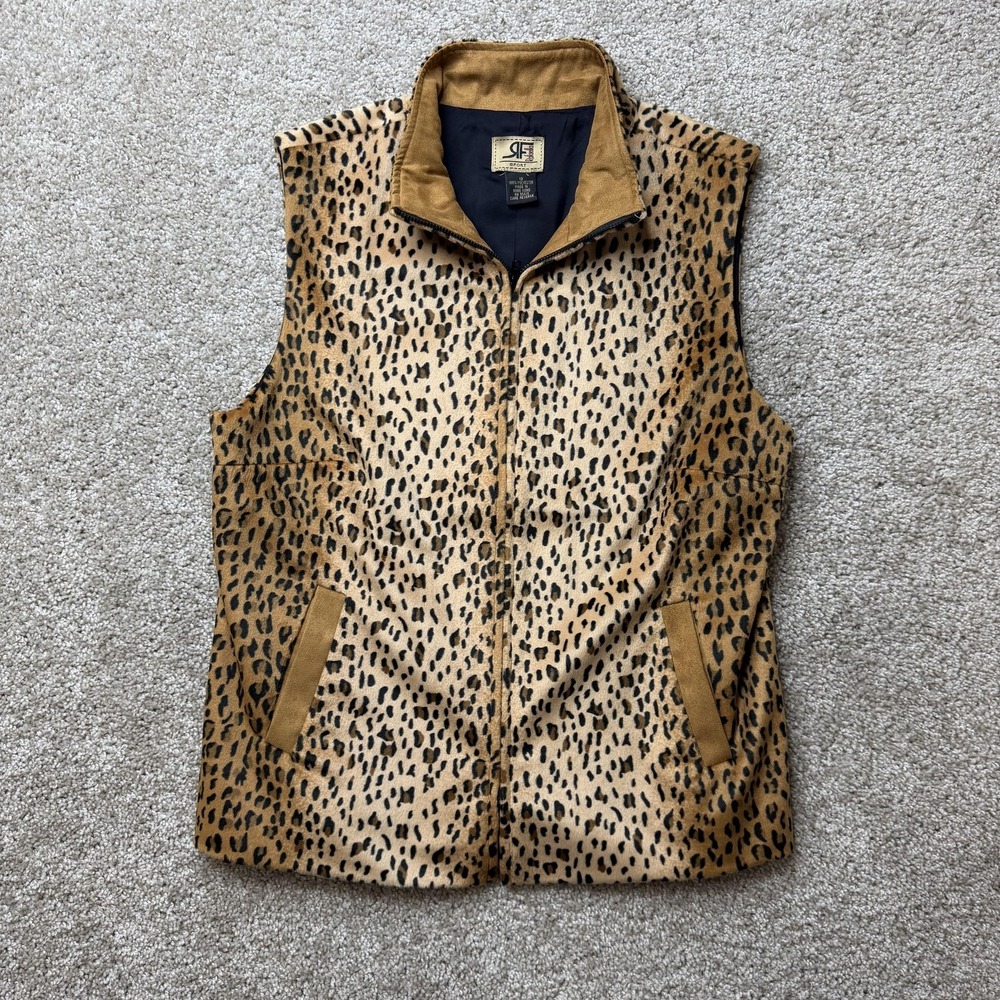 Vintage RF Vest Womens 10 Brown Leopard Print Microfiber Full Zip Collared Lined